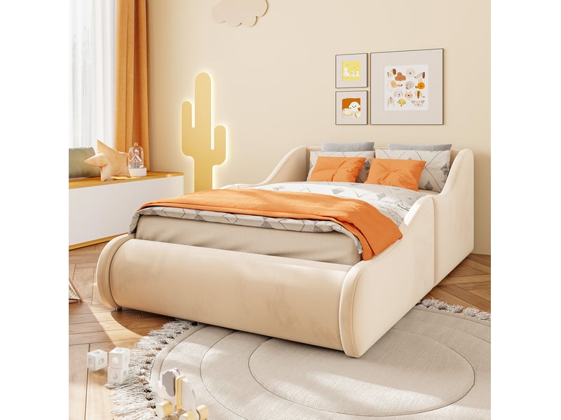  Lit enfant 90 × 200 cm 1 place avec barrières et tête de lit rembourrée, sans matelas, en velours beige  - Conforama B