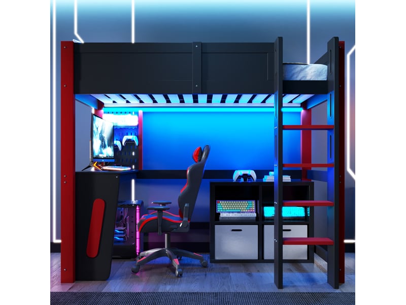  Lit mezzanine enfant 90x200 cm noir pin et mdf, bureau, panneau perforé et éclairage led  - Conforama B