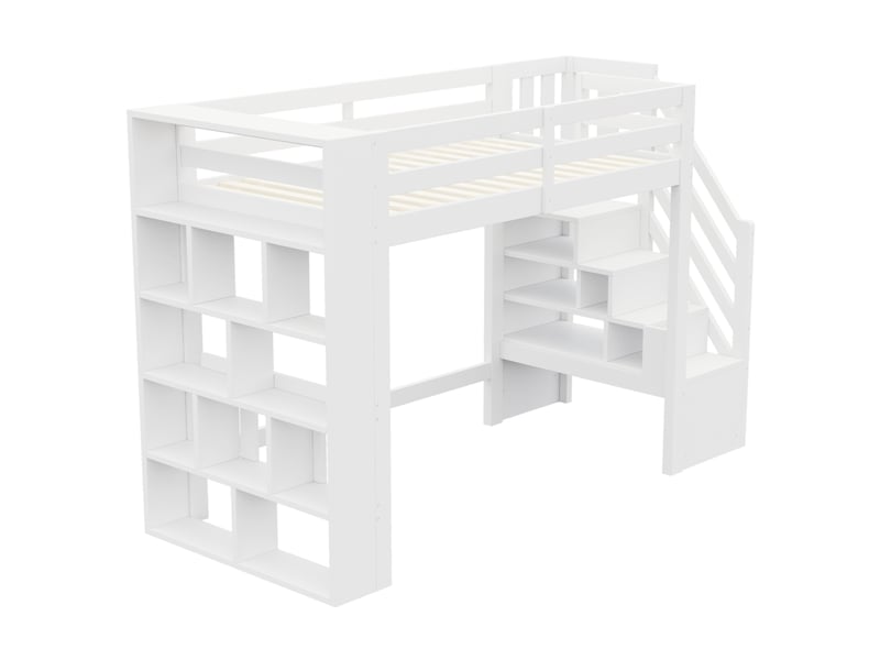  Lit mezzanine 90x200 cm avec rangements, garde-corps et led, blanc, sans matelas  - Conforama E