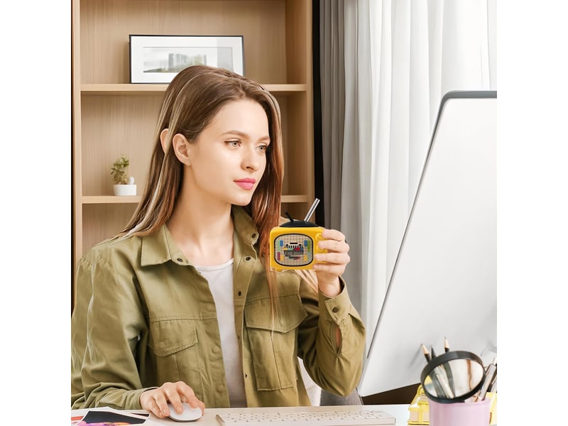 Mug en céramique avec couvercle et paille, télévision rétro, jaune, 450 ml - Conforama B