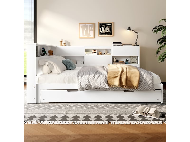 Lit banquette 140x200 avec lit gigogne blanc 90x190 - tête de lit avec rangement et ports usbtype-c  - Conforama B
