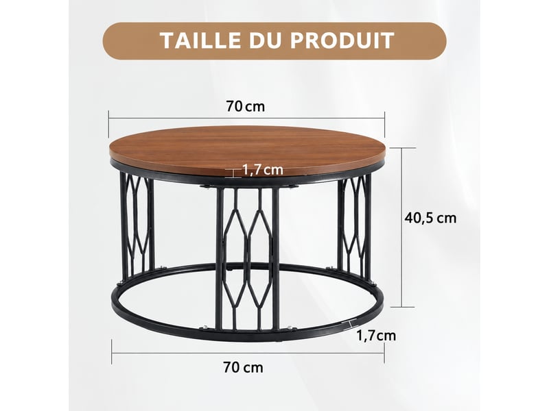  Table basse ronde 70 cm, table de salon moderne avec plateau en mdf effet noyer et structure en métal géométrique  - Conforama C