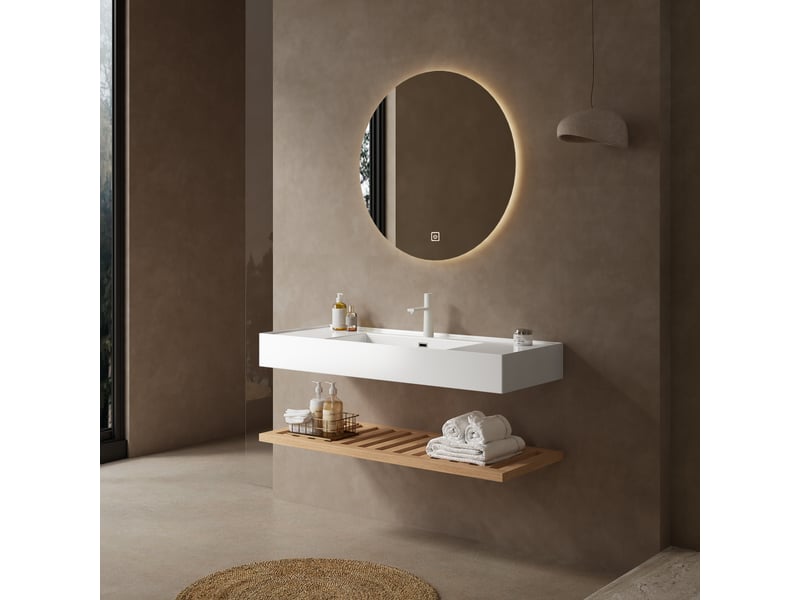  Meuble sous vasque suspendu avec lavabo intégré et étagère ouverte, en résine et bois, salle de bain, 132×58×36 cm  - Conforama C