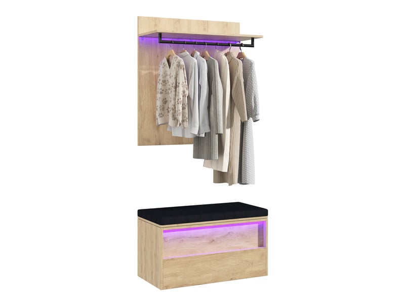  Set d'entrée porte-manteau mural et banc à chaussures 90x47x145 cm, avec led, mdf, bois clair  - Conforama A