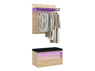 Set d'entrée porte-manteau mural et banc à chaussures 90x47x145 cm, avec led, mdf, bois clair