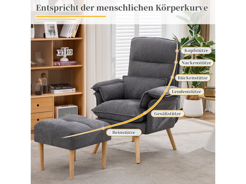 Fauteuil relax, fauteuil de salon – avec accoudoirs, dossier réglable, avec repose-pieds, pieds bois, gris - Conforama W
