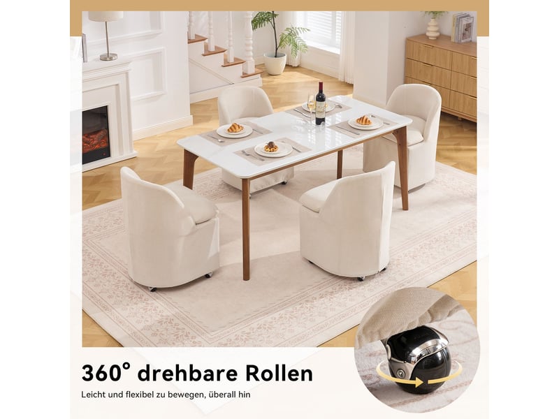  Lot de chaises 2 pièces chaise de cuisine en tissu chenille roulettes universelles sans accoudoirs housse amovible beige style moderne  - Conforama E