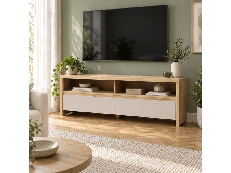  Meuble tv avec 2 tiroirs et 2 niches ouvertes coloris cachemire chêne mauvella- longueur 143,5 x profondeur 40,5 x hauteur 48,4 cm  - Conforama E