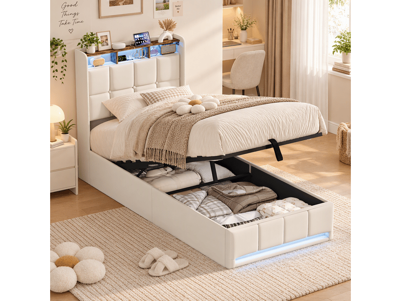  Lit simple 90 x 200 cm avec rangement hydraulique, lit 1 place avec led et ports usb-c, lit capitonné avec sommier à lattes, lin, beige  - Conforama B