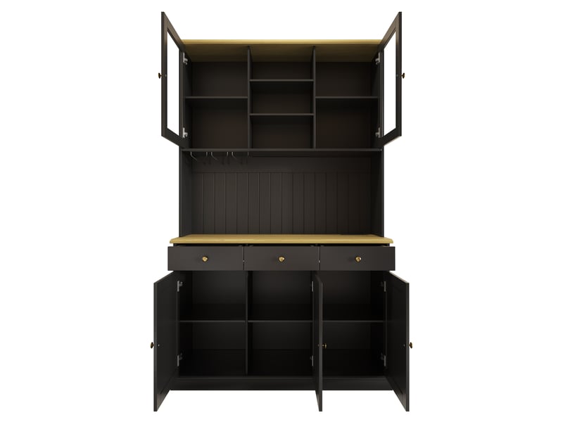  Buffet haut noir avec portes vitrées, porte-verres, rangement, prises usb-cusb-a, poignées dorées 120x40x191 cm  - Conforama D