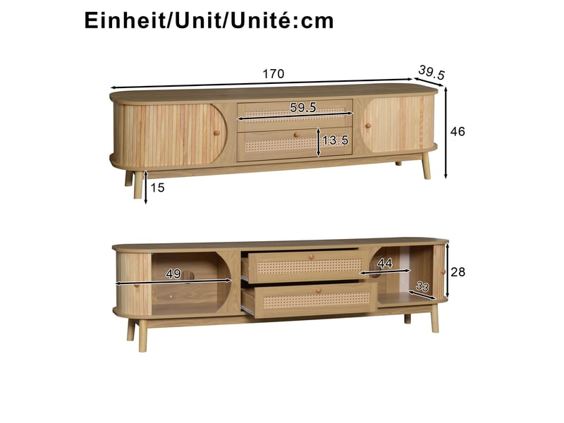  Meuble tv modenvie avec portes coulissantes et 2 tiroirs en rotin 170 x 39,5 x 46 cm naturel  - Conforama C