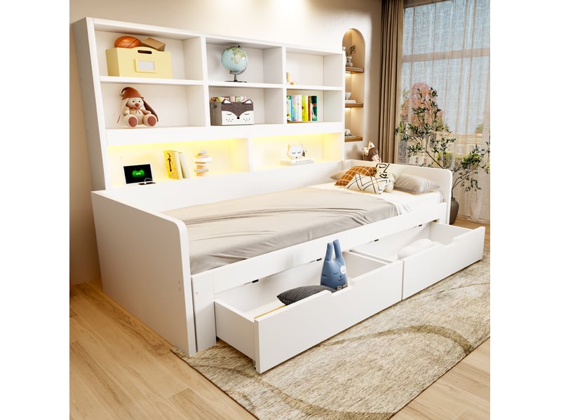  Lit banquette 90x200 cm extensible 180 cm avec rangement led et prises, mdf blanc, sans matelas  - Conforama B