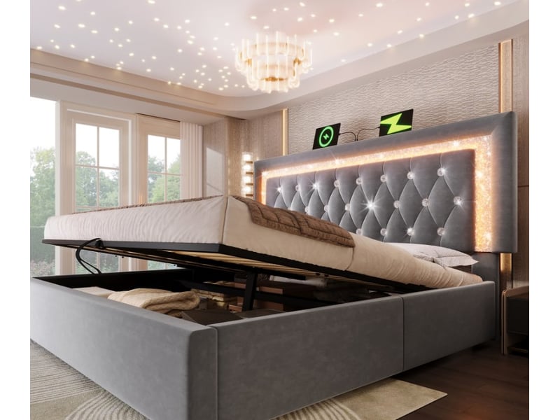 Lit coffre 160x200 en velours gris avec rangement hydraulique, led, ports usb type-c et sommier à lattes  - Conforama W