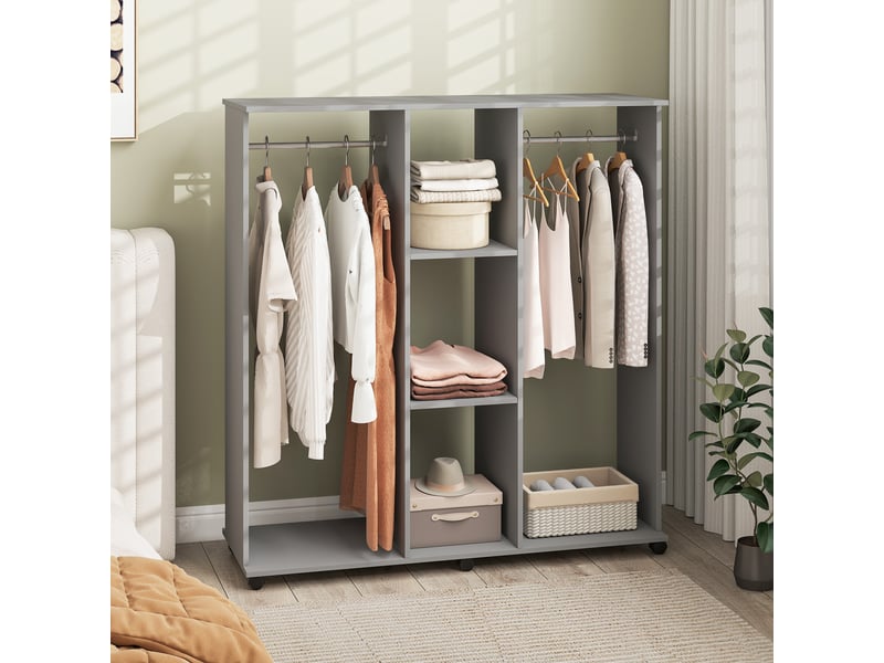  Armoire penderie dressing mobile aosenyunzhou en bois gris avec 6 roulettes 2 barres et 3 étagères 120x40x128 cm T1003-01-18071 - Conforama E