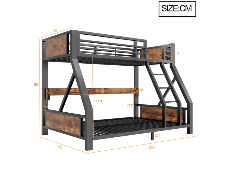  Lit superposé modenvie métal et bois noir 90 x 200 cm et 140 x 200 cm avec led et étagère  - Conforama C