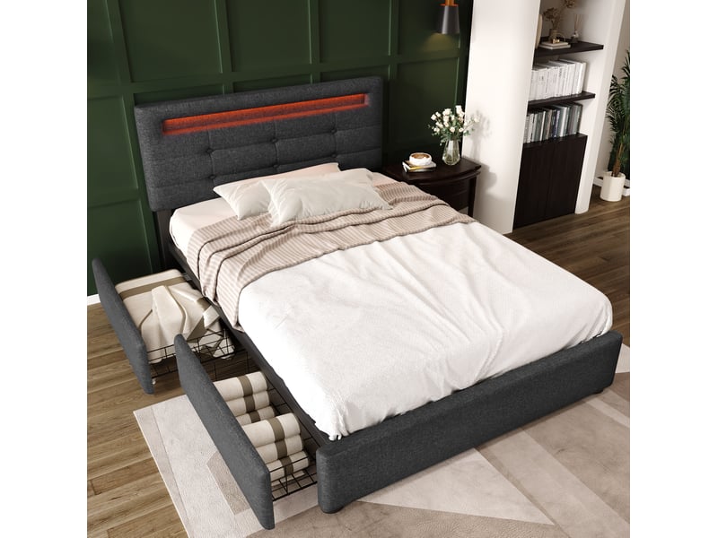  Lit simple 90x200 cm, tiroirs, lit enfant, tête réglable, boutons décoratifs, bandes, avec éclairage led incluse, tissu lin gris, sans matelas  - Conforama E