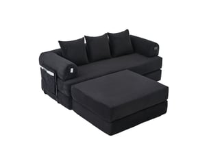 Canapé d'angle réversible fixe <strong>MERAX</strong> <strong>canapé compressible</strong> 3 places Velours côtelé noir