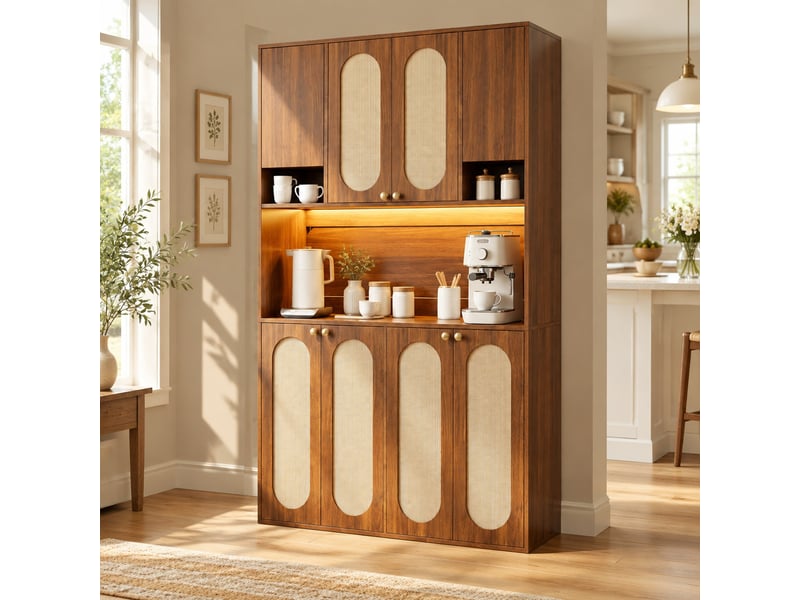  Buffet haut 8 portes avec bar centrale led réglable - lpospi - mdf et rotin pe naturel 106 × 40 × 178 cm  - Conforama C