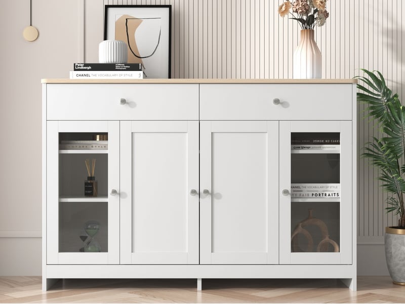  Buffet, meuble de rangement, 120 x 37 x 80 cm, avec 4 portes, 2 tiroirs, porte vitrée, pour salon, salle à manger, blanc  - Conforama B