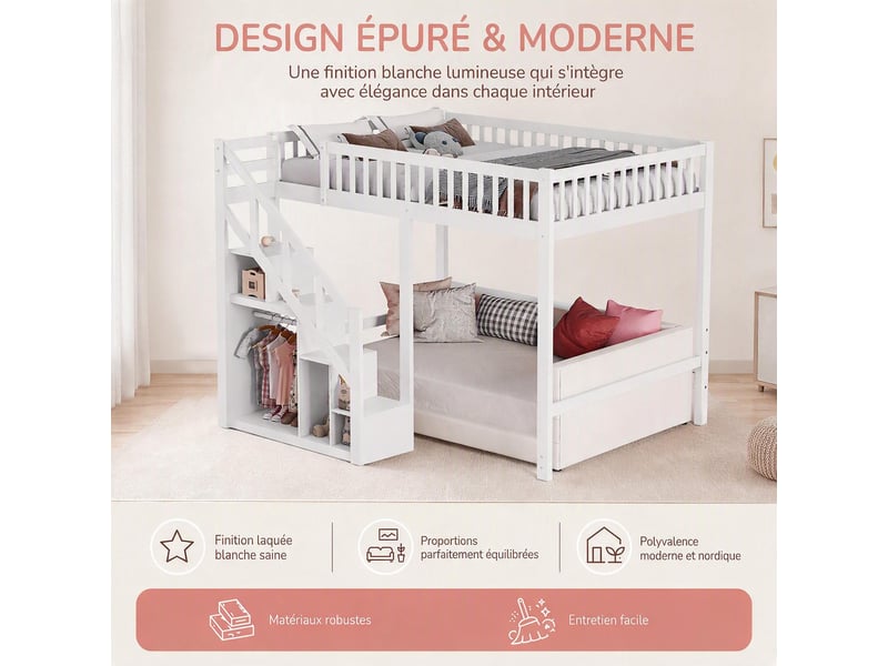  Lit mezzanine enfant 90x200 cm avec escalier de rangement, lit surélevé avec sommier et barrière, lit avec rangement, cadre de lit, bois massif, blanc, matelas non inclus  - Conforama R