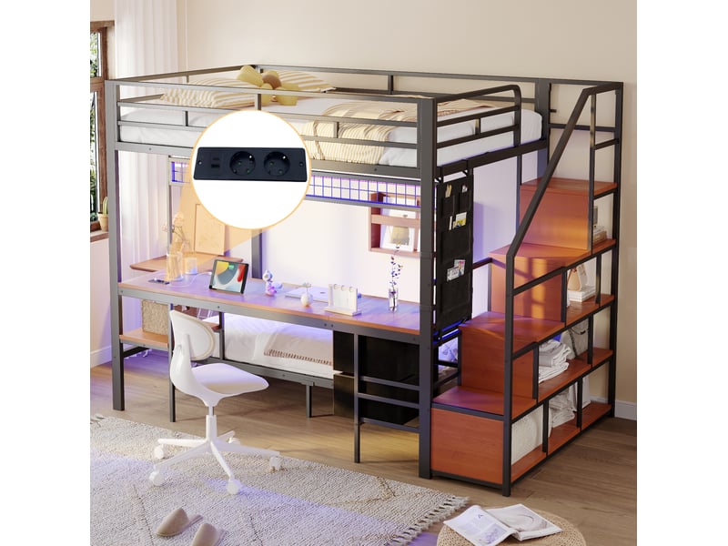 Lit mezzanine en métal 140x200 cm avec bureau led, couchage 90x200 et rangements - Conforama B