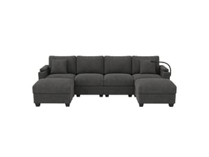 Canapé d'angle gris en u modulable - fonction couchage, ports usb et support smartphone