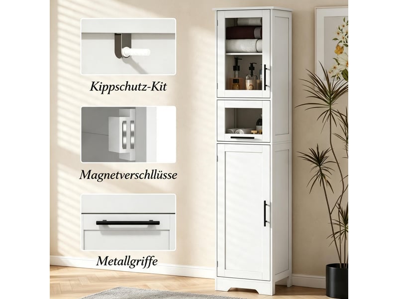  Colonne salle de bain sur pied, 2 portes, 1 tiroir, étagères réglables  - Conforama D