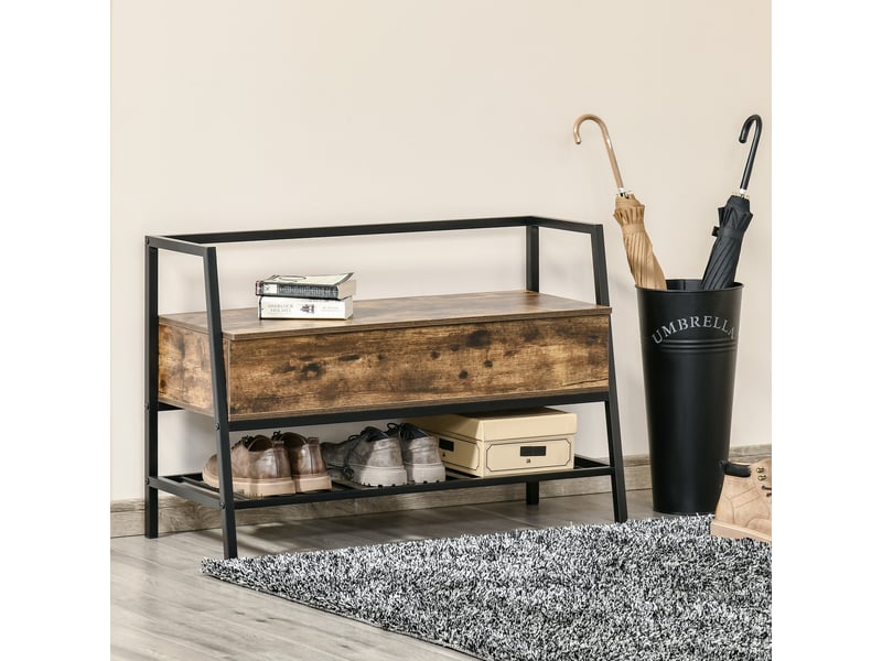  Étagère à chaussures de style industriel avec rangement, banc à chaussures vintage gain de place en bois et métal, marron rustique, 90 x 37 x 60 cm  - Conforama D