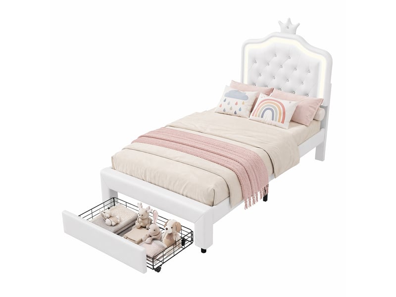  Lit enfant 90x200 cm avec 1 tiroir, lit simple en pu blanc avec tête de lit en forme de couronne réglable et éclairage led, structure de lit avec sommier à lattes  - Conforama A