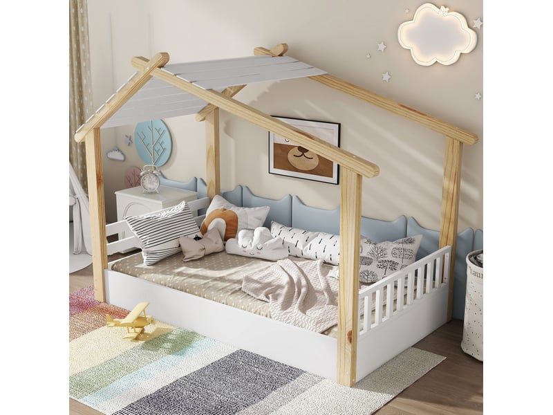  Modenvie lit cabane enfant 90x190 cm - design maison en bois, sans matelas - blanc et naturel  - Conforama D