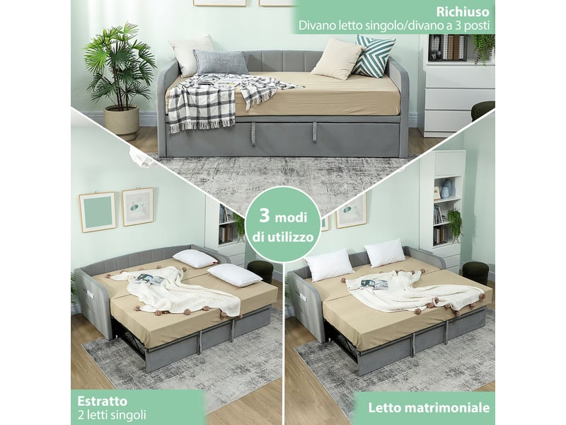  Canapé lit gigogne 3 places convertible en lit double, gris clair, 205 x 97 x 75 cm  - Conforama R