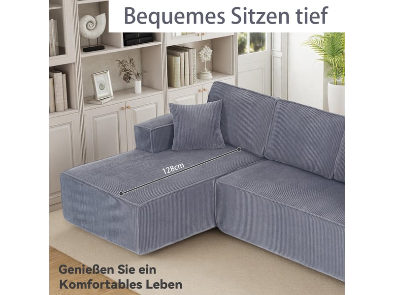  Canapé d'angle, canapé modulable – avec méridienne, en velours tricoté, gris, mousse haute densité, 2 places  - Conforama W