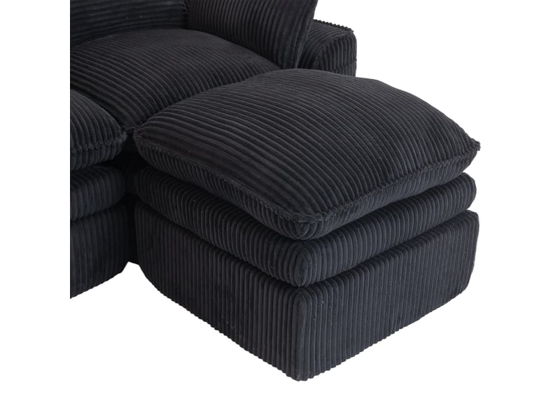 Canapé modulable 3 places en velours côtelé noir avec pouf, coussins et 2 poches latérales - Conforama W