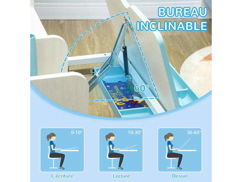  Ensemble bureau et chaise pour enfants hauteur réglable et plateau inclinable 0-60° table bleu 80 x 52 x 88-109 cm  - Conforama E