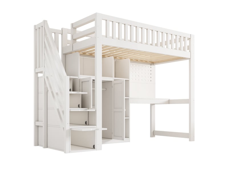  Lit mezzanine enfant blanc 90x200cm avec bureau, armoire échelle et penderie, étagères ouvertes, ports usbusb-c, sommier à lattes, solution tout-en-un gain de place, matelas non inclus  - Conforama E