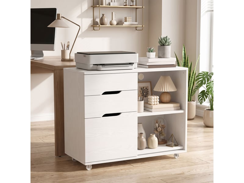  Meuble pour imprimante à roulettes, 3 tiroirs, barre réglable, 2 étagères ouvertes et poignées pour documents a4, blanc  - Conforama C