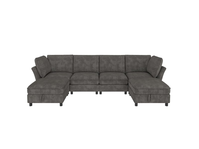 Canapé d'angle modulaire 6 places en tissu gris avec 2 poufs de rangement, configuration u ou l pour salon - Conforama A