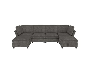 Canapé d'angle modulaire 6 places en tissu gris avec 2 poufs de rangement, configuration u ou l pour salon