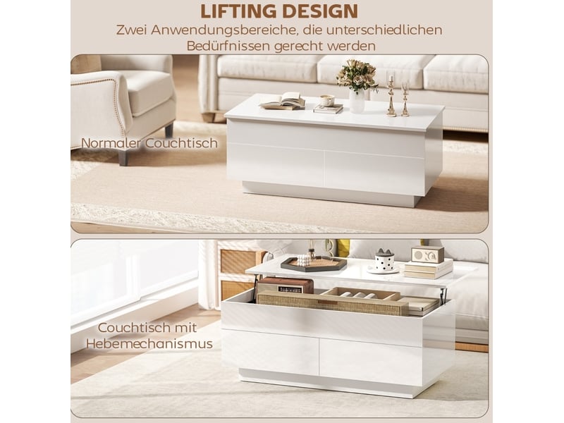  Table basse relevable avec rangement et 2 tiroirs 102 x 48 cm blanc brillant  - Conforama D