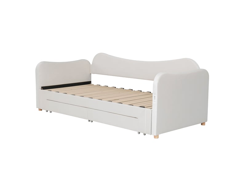 Lit capitonné, méridienne, canapé-lit, avec 2 tiroirs de rangement, 90 x 200 cm, extensible jusqu'à 180 cm, avec port usb, velours beige - Conforama E
