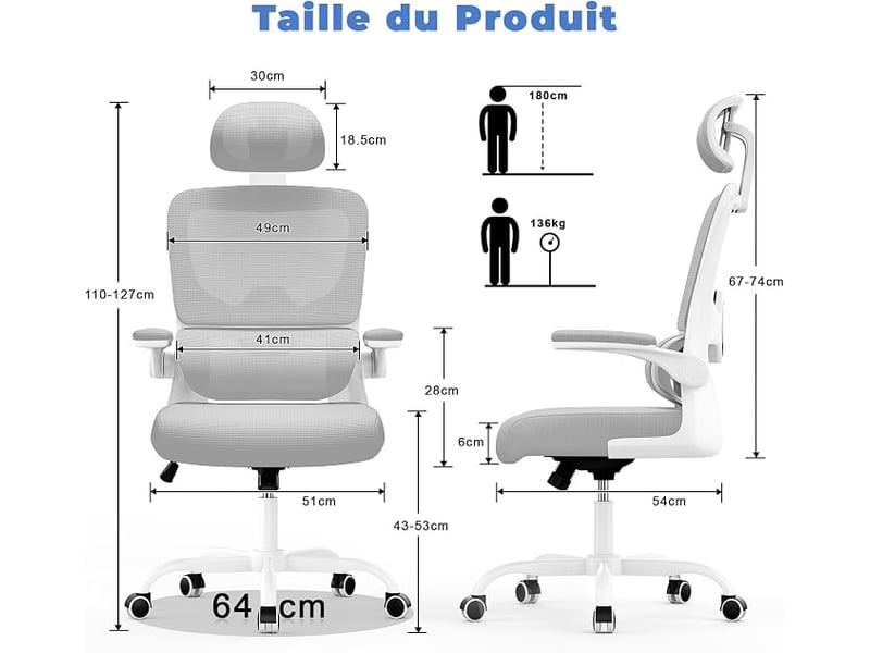  Chaise de bureau ergonomique: fauteuil bureau avec support lombaire en c,dossier et appui-tête réglables,reversible armrest,siege en maille respirante convient à la maison bureau ,lecture,grise  - Conforama C