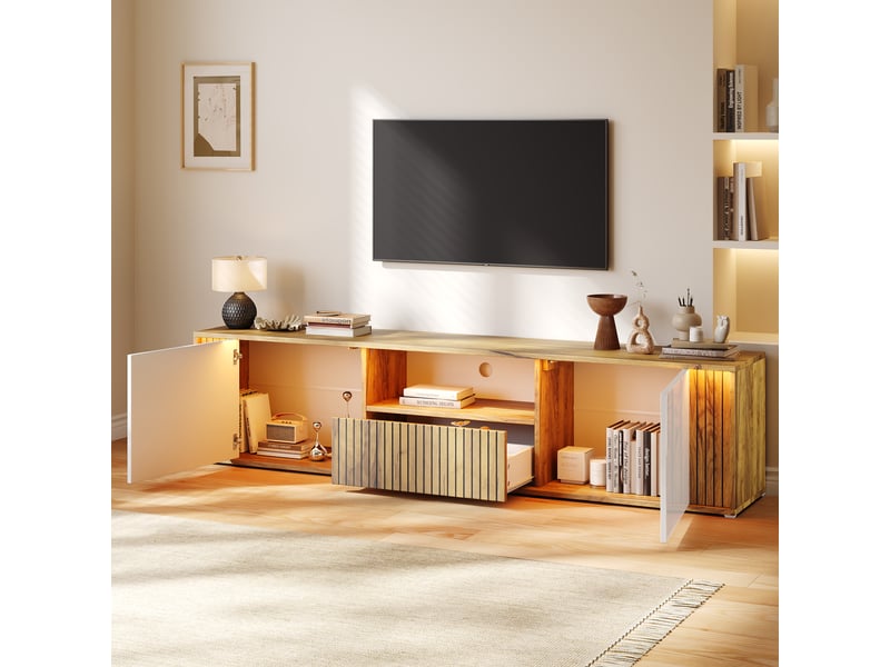  Meuble tv avec 2 portes, tiroir, niche et led pour salon 180×40×51 cm blanc et naturel  - Conforama C