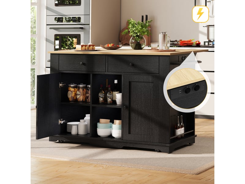  Îlot de cuisine noir et bois avec prises électriques, chariot de cuisine pliable avec rangement, 151.5x84.7x91.7 cm  - Conforama C