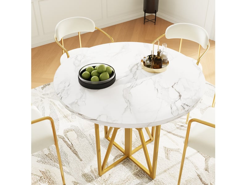 Table à manger ronde 80 x 80 x 76 cm, plateau mdf marbré, pieds dorés réglables - Conforama D