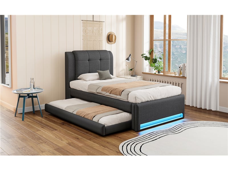  Lit enfant gigogne 90 × 200 cm, rembourré avec led, gris  - Conforama B