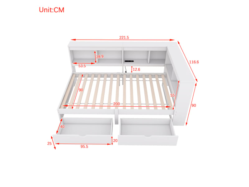  Lit banquette 90x200 cm avec tiroirs et étagères - prise et usb intégrés - bois blanc  - Conforama C