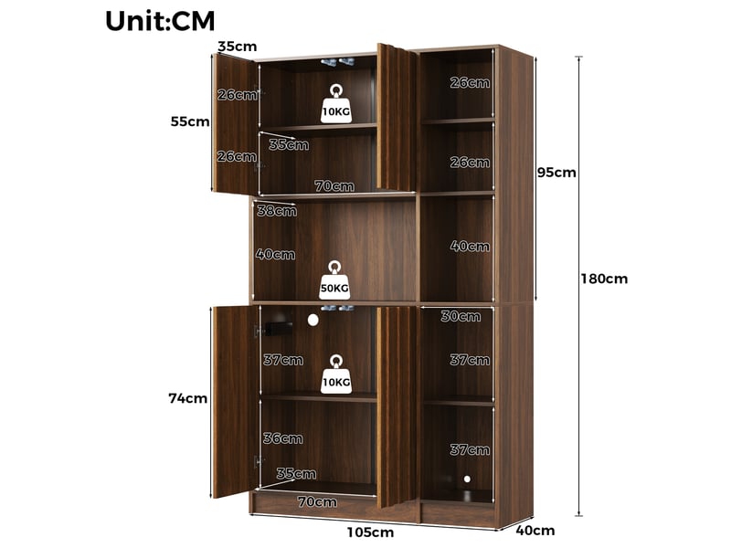  Buffet de cuisine haut avec 2 portes, niches ouvertes, led rgb et prises, pour cuisine en mdf 105 × 40 × 180 cm  - Conforama C