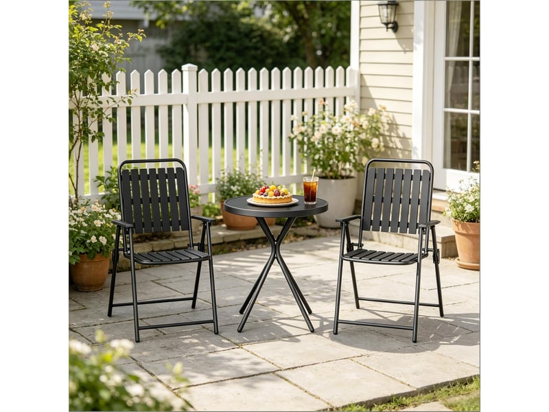  Ensemble table et chaise de jardin avec 1 table ronde et 2 chaises pliantes - verre et métal - noir  - Conforama B