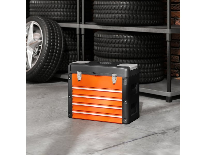  Boîte à outils vide 49,7x25,3x40,7 cm, 4 tiroirs, compartiment supérieur, poignée, métal, orange  - Conforama E