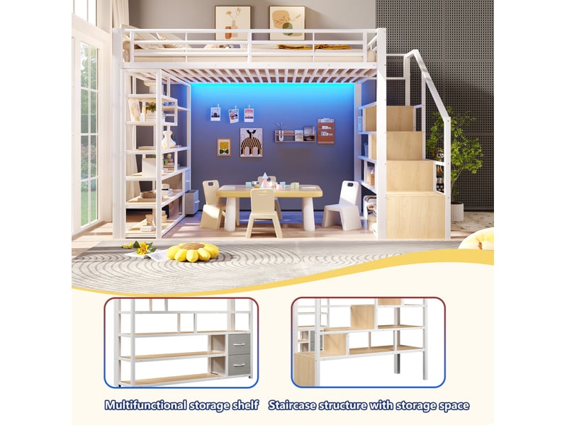  Lit mezzanine 140x200 cm, rangements escaliers, led, métal mdf blanc sans matelas  - Conforama D